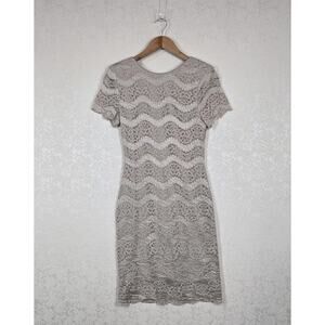 Vintage 90s Lace Cocktail Dress Metallic Beige Taupe Scalloped Hem Fitted Party